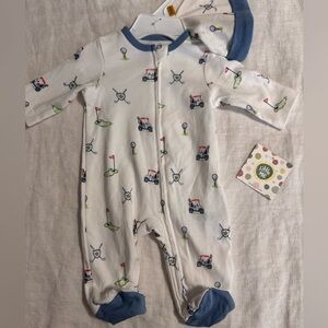 Little Me White and Blue Golf Print Footie and Hat - Newborn